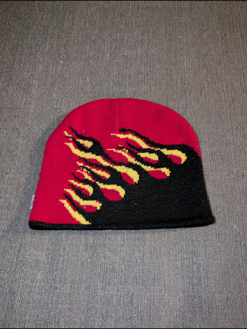 Vintage Y2K Flame Knit Beanie in Red, Black & Yellow